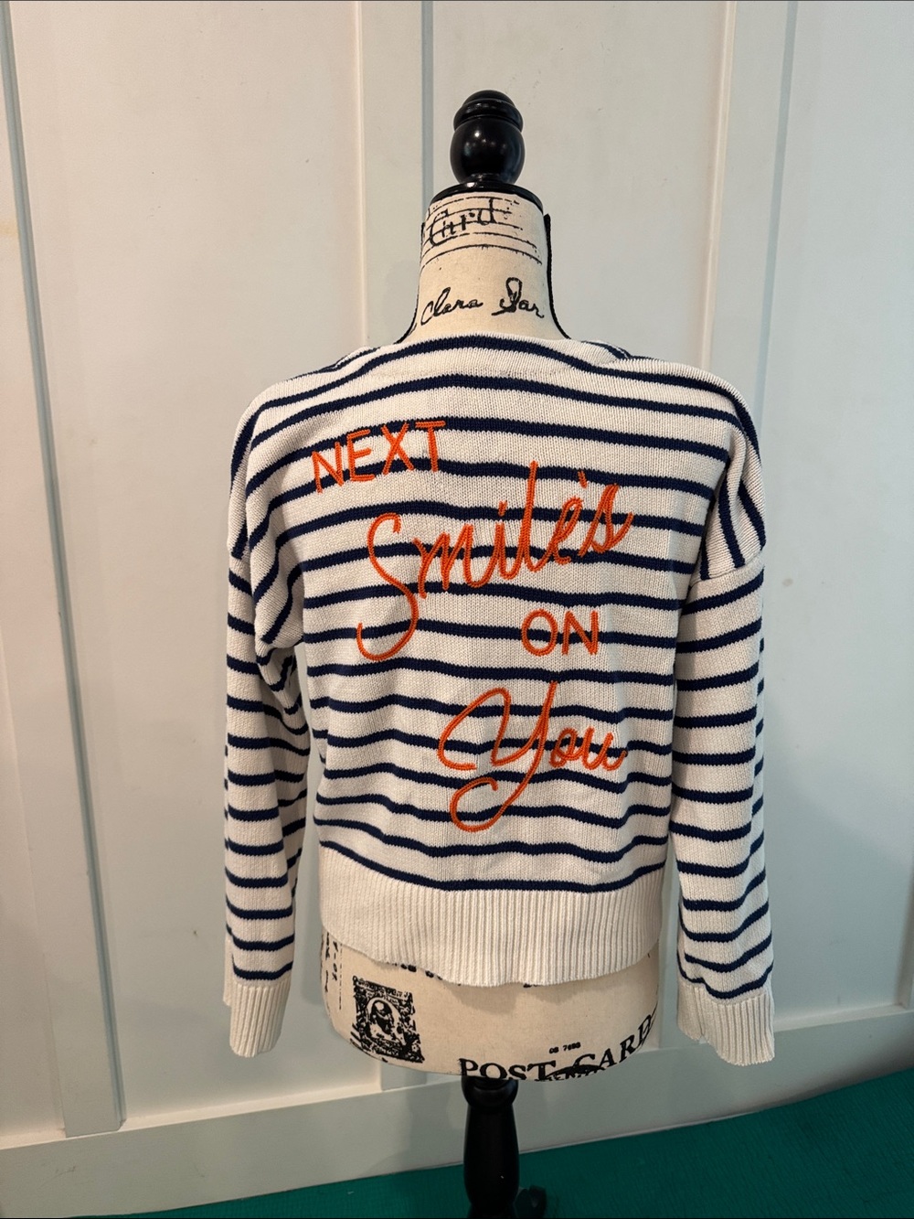 Kerri Rosenthal Next Smile’s On You! Striped V-Neck Cotton Sweater - Navy/White